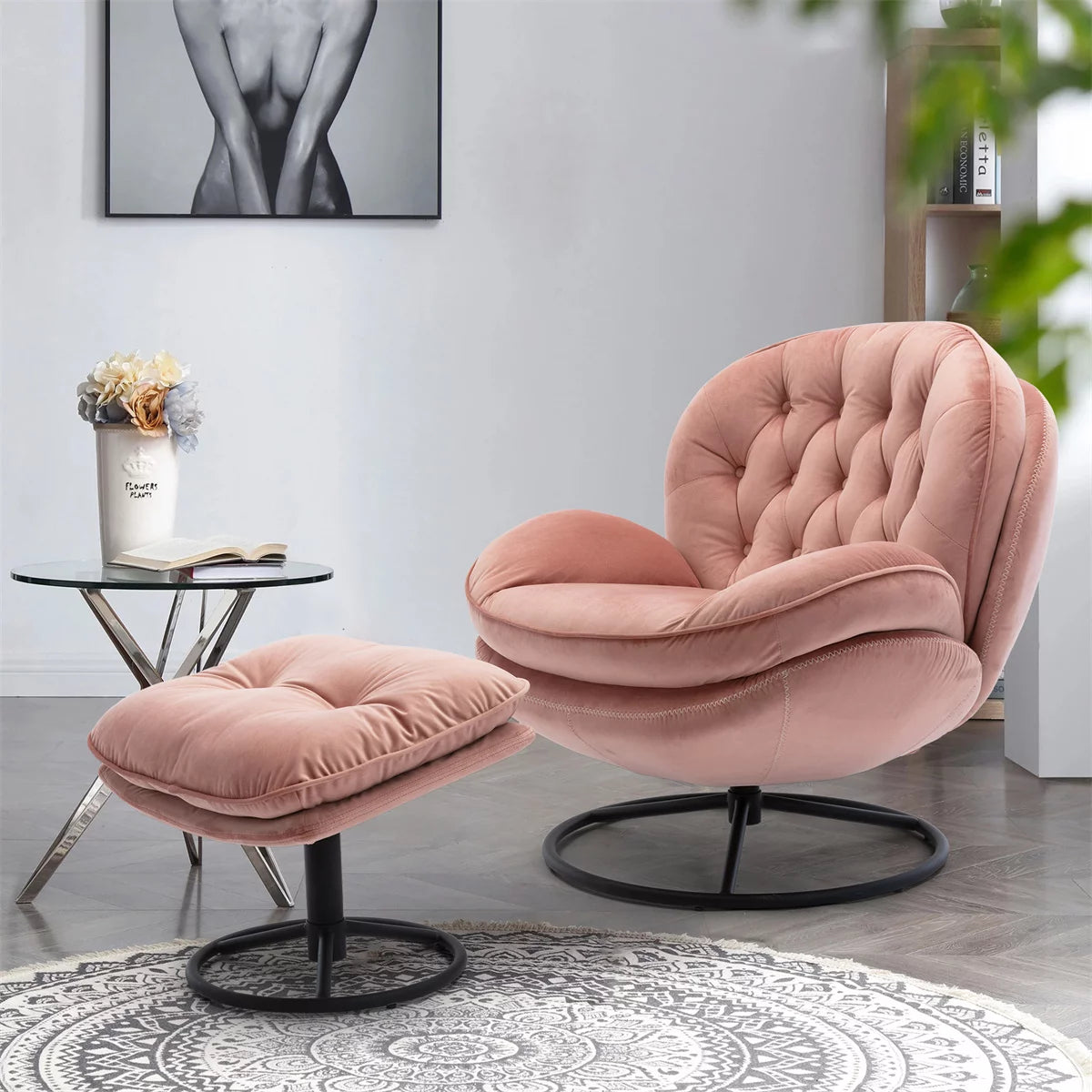 Velvet Swivel Accent Chair with Ottoman,Modern Chaise Lounge with Footstool,Comfy Armchair TV Chairs with Metal Frame and Legs for Living Room,Bedroom,Office,Pink