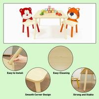Kids Table and Chair Set, 3 Pieces Toddler Play Table and Chairs Set, Wood Table with 2 Cartoon Animals Chairs for Playroom Kindergarten (Bear and Tiger)