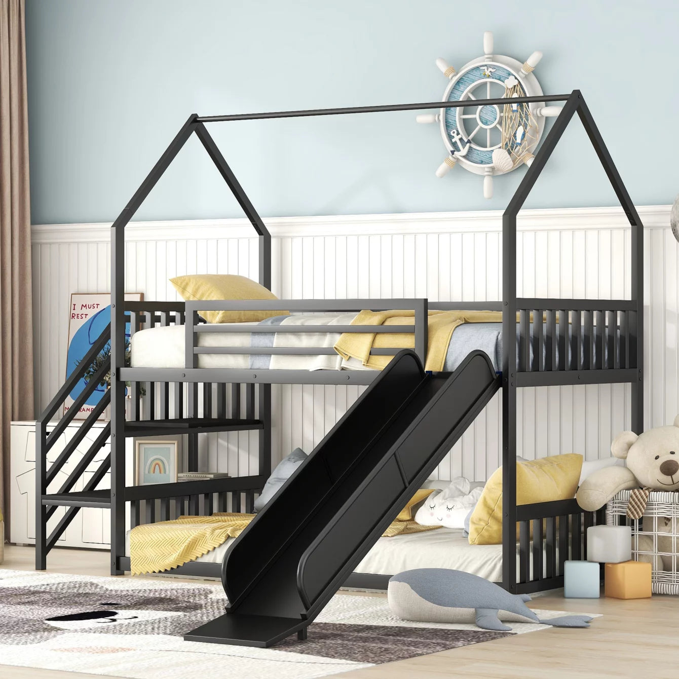 Twin Size Bunk Bed, Metal Twin Over Twin Bunk Bed with Slide and Staircase,Low Bunk House Bed, Heavy-Duty Metal Playhouse Bed Frame for Kids Boys Girls,Black