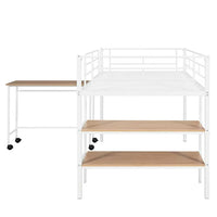 Twin Size Loft Bed with Rolling Desk and Storage Shelves,Heavy-Duty Metal Loft Bed Frame with Safety Guardrail for Kids Teens Bedroom,Space-Saving Low Loft Bed with Sturdy Metal Slats Support,White