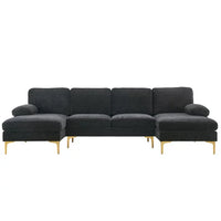 U Shaped Indoor Modular Sofa, 4-Seat Chenille Fabric Upholstered Sectional Sofa with Double Chaise Lounge and Gold-Plated Feet, Modern Leisure Couch Sofa for Living Room Apartment, Black