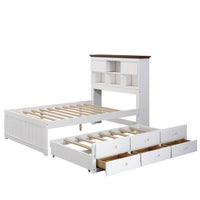 3 Pieces Wooden Captain Bedroom Set, Full Bed Frame with Trundle & Nightstand & Chest, Storage Bookcase Headboard Design, for Kids, White+Walnut