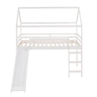 Twin Size Loft Bed with Slide, House Bed with Safety Guard Rails & Ladder, Wooden Loft Bed Playhouse Bed with Roof for Girls Boys, No Box Spring Needed, White