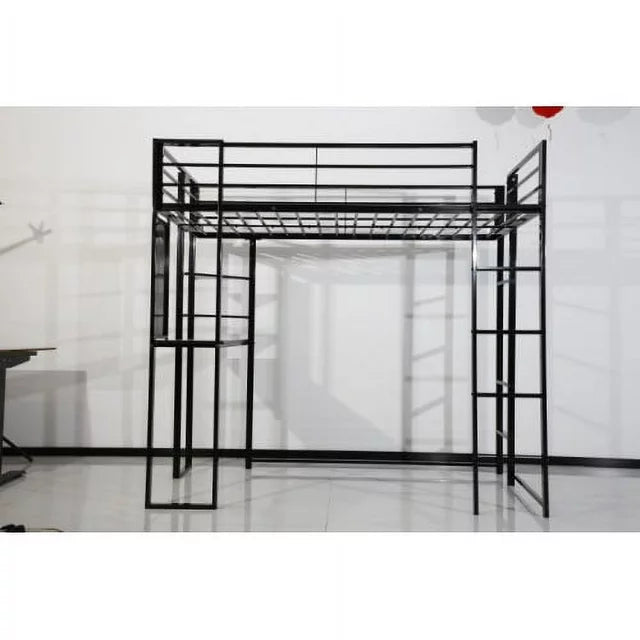 Twin Size Loft Bed with 2 Built-in Ladders, Metal Loft Bed Frame, Multifunctional Loft Bed with Desk and Shelves, Space-Saving Bed Frame with Strong Board Slats, Hold up to 200lbs, Black