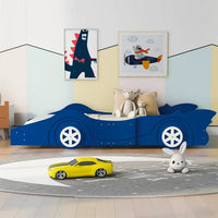 Race Car-Shaped Bed Frame for Kids Toddlers, Twin Size Solid Wood Platform Bed with Wheel and Safety Guardrail & Slats Support Low Floor Platform Bed Frame No Box Spring Needed, Blue