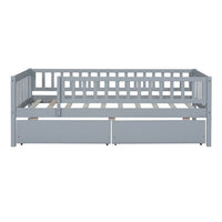 Twin Size Daybed with Two Drawers, Solid Wood Montessori Bed Frame with Fence Rails, Twin Size Platform Bed Sofa Bed with 10 Sturdy Slats for Bedroom Living Room and Guest Room, Noise Free, Gray