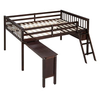 Full Size Loft Bed with Removable Desk and Cabinet,Solid Wood Low Bed Frame with Safety Guardrail & Inclined Ladders & Wood Slats Support,for Kids Teens Boys Girls,No Spring Box Needed, Espresso