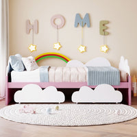 Girls Twin Size Bed with Clouds and Rainbow Decor, Solid Wood Platform Bed Frame with 2 Drawers, Twin Bed Frame with Sturdy Slats Support for Kids Bedroom, No Box Spring Needed, Space-Saving Design