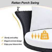 Wicker Rattan Outdoor Patio Swing Chair, Single Person Hanging Swing Bench, 33.8" Rattan Woven Swing Chair, Porch Swing With Ropes, Poolside Gossip Collection, Black Wicker and White Cushion