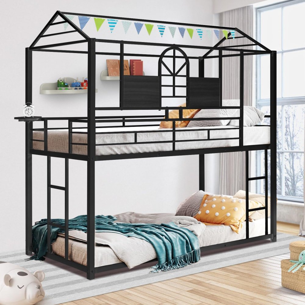 Twin Over Twin House Bunk Bed, Metal Bunk Bed with Roof & Window, Floor Bunk Bed with 2 Side Ladders & Guardrails, Can Be Decorated, for Kids Teens Girls & Boys,No Box Spring Needed, Black