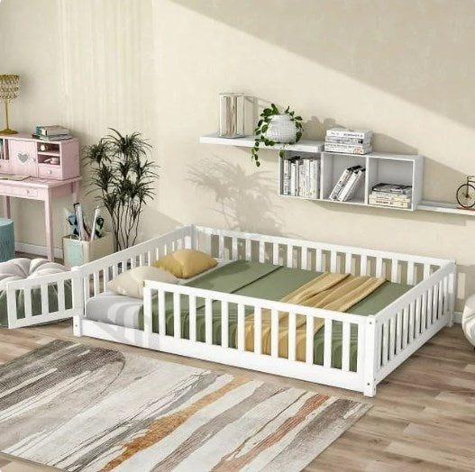 Full Floor Bed Frame for Toddler, Montessori Floor Bed with Fence and Wood Slats, Low Wood Platform Beds for Girls Boys Kids Happy Time, White