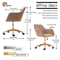 Modern Velvet Material Adjustable Height 360 Revolving Home Office Chair with Gold Metal Legs and Universal Wheel for Indoor, Light Coffee