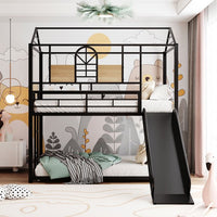 Twin Over Twin Bunk Bed with Roof and Safety Guardrails, House Shaped Bunk Bed Frame with Footboard and Frontboard, Metal Bunk Bed with Staircase and Slat Support for Kids, Teens, Girls, Boys