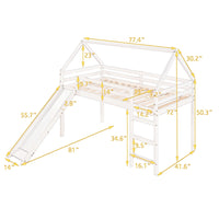 Twin Size Loft Bed with Slide,Wood Twin House Bed with Pitched Roof and Guardrails,Loft Bed Frame with Ladder and Large Underbed Storage for Boys Girls,White