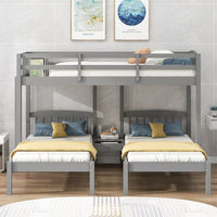 Twin Over Twin & Twin Bunk Bed with Built-in Middle Drawer and Ladder, Wooden Bunk Bed with Guardrails for 3, Triple Bunk Bed for Kids Teens Adults, Space Saving Loft Bed for Bedroom, Gray