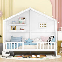 Twin Size House Bed with 2 Shelves, Wooden House Daybed with Window and Sparkling Light Strip on The Roof, Kids Montessori Bed Platform Bed Frame with Slats Support, No Spring Box Needed, White