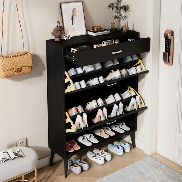Shoe Cabinet with 2 Flip Drawers and Open Shelf,Free Standing Shoe Racks Storage Cabinet with Metal Legs,Shoe Rack Organizer Entrance Shoe Storage Cabinet Narrow Closet for Entryway Hallway,Black
