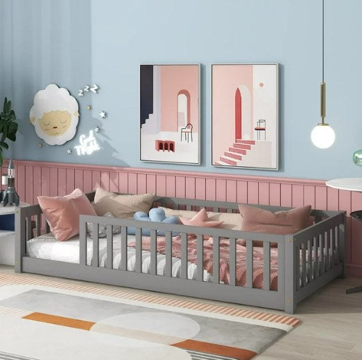 Twin Floor Bed with Fence for Kids, Solid Pine Wood Platform Bed Frame with Guardrails and Slats System, Playhouse Design Montessori Bed for Children Bedroom, Gray