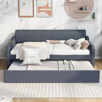 Twin Size Modern Sofa Bed Frame, Upholstery Daybed with Trundle and USB Charging Design,Trundle Can be Flat or Erected