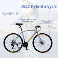 24 Speed Hybrid Bike for Men Women,700C Wheels Road Bike City Bike,Commuter Bike with Aluminum Alloy Frame and Disc Brake,Silver