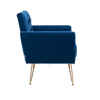 Velvet Single Sofa Chair, Mid-Century Button Tufted Upholstered Accent Living Room Chair with Golden Metal Legs, Comfy Armchair Leisure Lounge Chair with Wide Backrest and Armrest for Bedroom, Navy