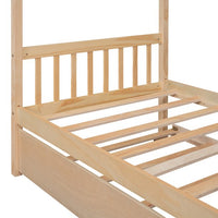 Twin Size House Bed Frame, Wood Platform Bed with Twin Size Trundle, Decorative Canopy Bed Top, Sturdy Frame Wood Legs Supprot, No Box Spring Needed, Natural