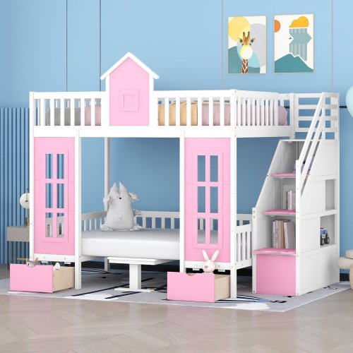 Full Over Full Bunk Bed with Changeable Table & Storage Stairs and 2 Drawers, Separable Bunk Bed Turn into Upper Bed and Down Desk, House Bed for Boys and girls (Pink)