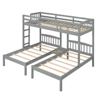 Twin Over Twin & Twin Bunk Bed with Built-in Middle Drawer and Ladder, Wooden Bunk Bed with Guardrails for 3, Triple Bunk Bed for Kids Teens Adults, Space Saving Loft Bed for Bedroom, Gray