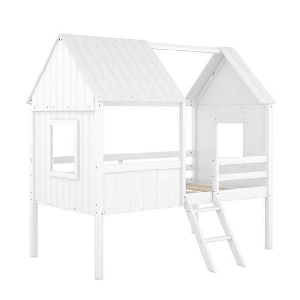 Twin House Loft Bed with Roof for Kids, Low Wooden Bed Frame with Ladder and Fence Guardrails, Montessori Bed with Two Side Windows for Boys Girls Bedroom, No Box Spring Needed, White