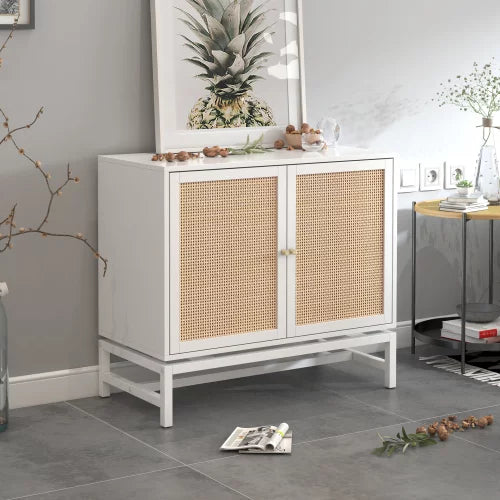 Accent Storage Cabinet with Adjustable Inner Shelves 2 Door Cabinet Natural Rattan Console Table for Kitchen Living Room and Dining Room, White