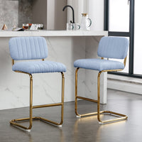 Mid-Century Modern Counter Height Bar Stools Set of 2, Upholstered Boucle Fabric Counter Stools, Armless Bar Chairs with Gold Metal Chrome Base for Kitchen Bar Dining Room, Blue
