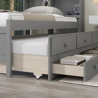 Twin Bed with Trundle and 3 Drawers, Twin Bed Frame with Bookcase Headboard, Wood Platform Bed, Multifunctional Wood Storage Daybed Sofa Bed, No Box Spring Needed, Gray