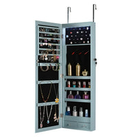 Jewelry Mirror Cabinet with LED Lights, Full Length Jewelry Organizer Armoire with 22 Hooks, 2 Cubes, 4 Lined Shelves & Rod, Lockable Storage Cabinet Can Be Hung On The Door Or Wall for Bedroom, Blue