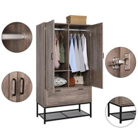 Wardrobe Armoire Closet with 2 Door, Freestanding Wardrobe Cabinet with Drawer & Hanging Rod, Bedroom Armoire Clothes Organizer, Grey(38" W x 20.5" D x 70.9" H)