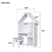 Kids Desk, Wooden Kids Desk and Chair Set, House-Shaped Desk with Wide Stepped Desk Surface and Open Cabinet, Upholstered Stool with Thick Cushion, Desk and Chair Set for Kids Adults Bedroom, White