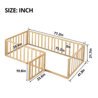 Twin Size Floor Bed for Kids, Wood Twin Montessori Bed Frame with Fence Guardrails and & Support Slats, Twin Playhouse Bed with Door Design, Kids Fence Bed Playpen Bed for Boys ,Girls, Natural