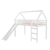 Twin Size Loft Bed with Slide, Kids Loft Bed with House and Roof Design, Low Loft Bed Frame with Built-in Ladder and Safety Guardrail, Solid Wood Twin Loft Bed for Kids Boys and Girls, White