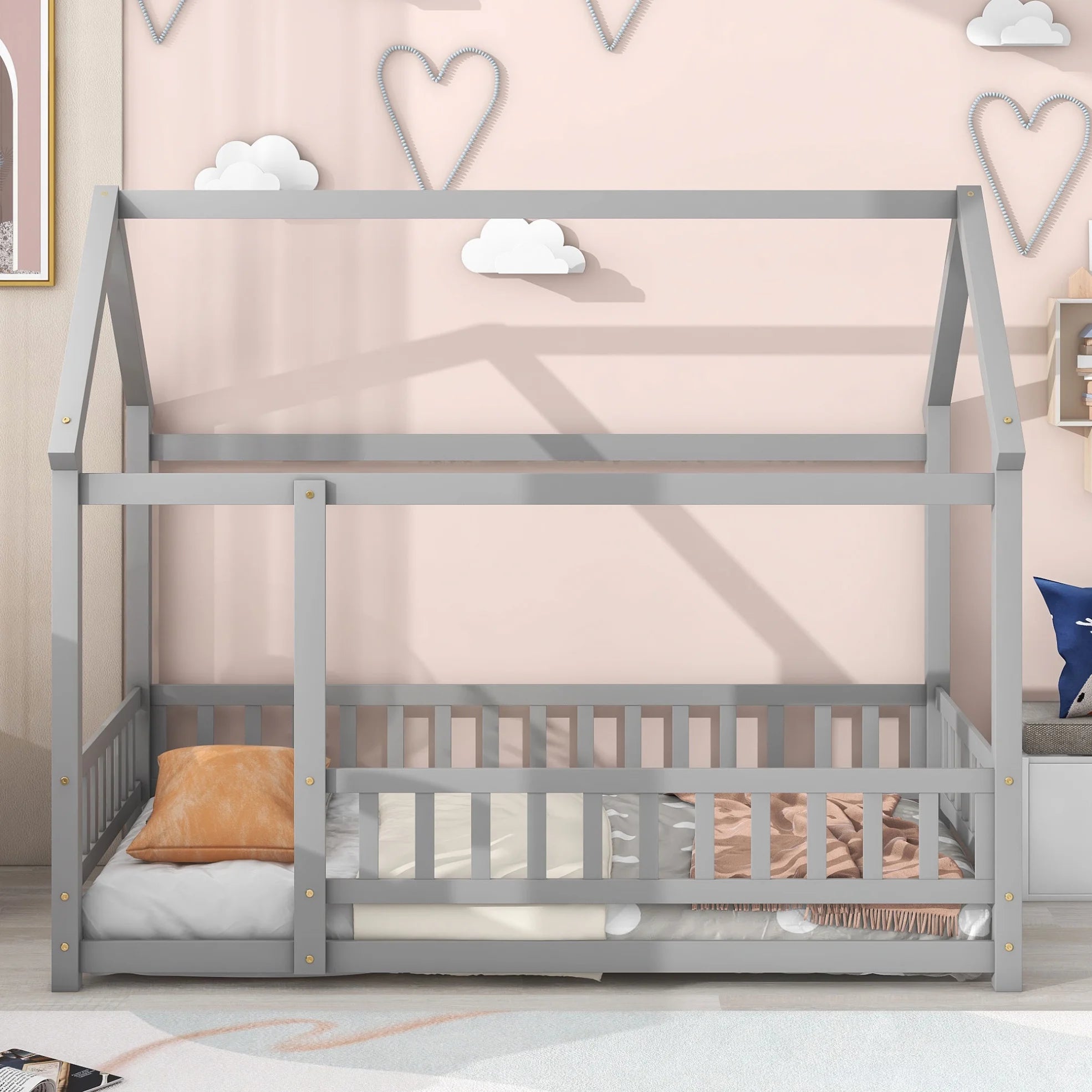 Twin Size Floor Wooden Bed with House Roof Frame, House Shape Platform Bed with Fence Guardrails, Twin Size House Shape Bed for Kids Teens, Gray