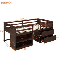 Twin Size Loft Bed, Low Loft Bed with Two Shelves and Two Drawers for Kids Teens Boys Girls, Multifunctional Wood Loft Bed Frame with Storage, Space Saving, No Box Spring Needed, Antique Espresso