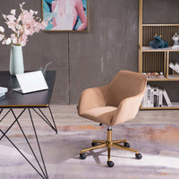 Modern Velvet Material Adjustable Height 360 Revolving Home Office Chair with Gold Metal Legs and Universal Wheel for Indoor, Light Coffee