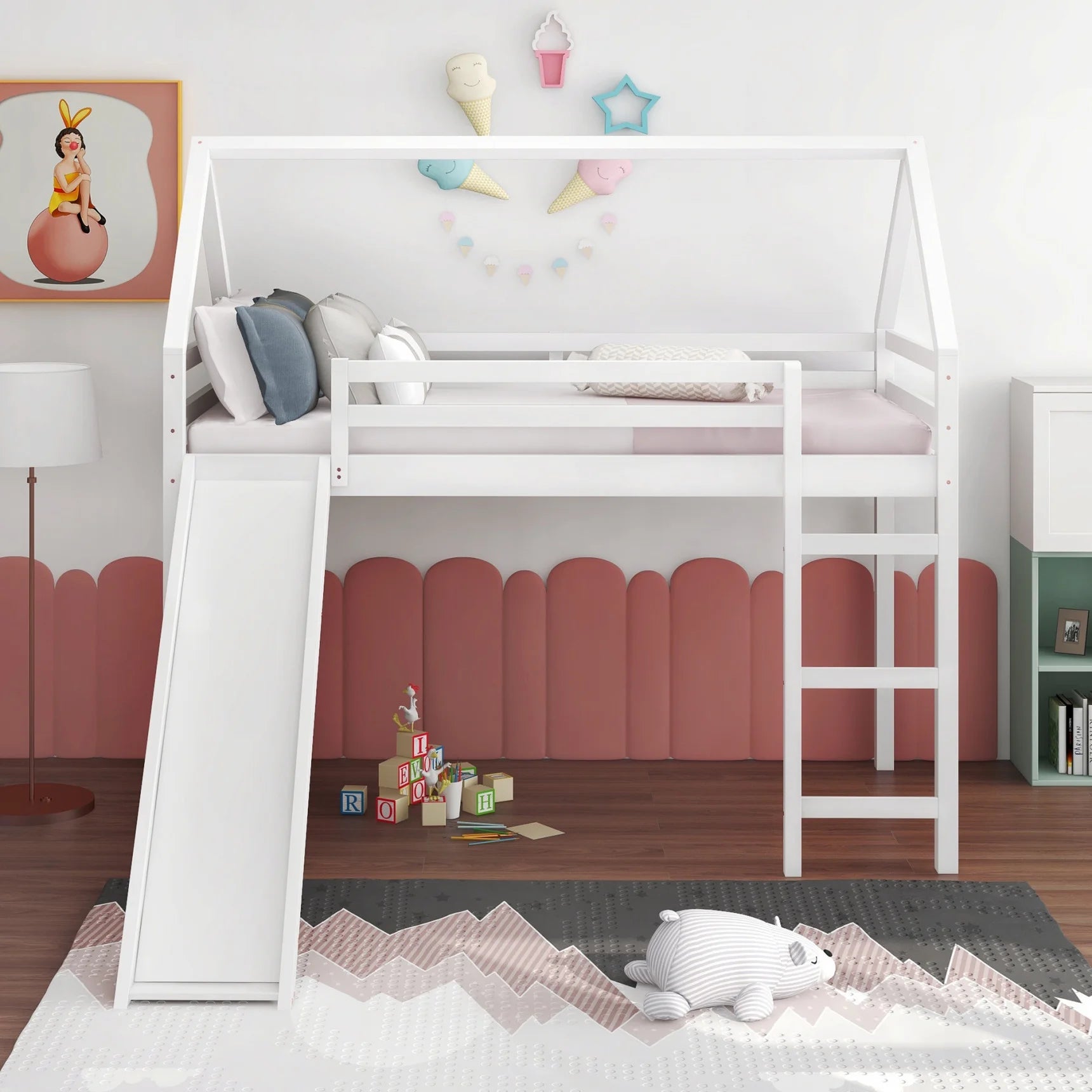 Twin Size Loft Bed with Slide, Kids Loft Bed with House and Roof Design, Low Loft Bed Frame with Built-in Ladder and Safety Guardrail, Solid Wood Twin Loft Bed for Kids Boys and Girls, White