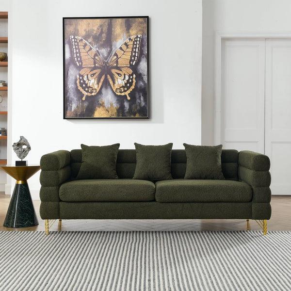 81 Inch Oversized 3-Seater Sectional Sofa, Modern Upholstered Deep Seating Sofa with 3 Throw Pillows and Golden Metal Legs, Comfort Fabric Sectional Sofa for Living Room Bedroom, Green