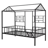 Twin Size House Bed, Metal House Bed Frame with Slatted Support, Low Loft Bed for Kids with Ladder and Full-Length Guardrail, Playhouse Bed with Roof, Window and Door Design for Boys and Girls, Black