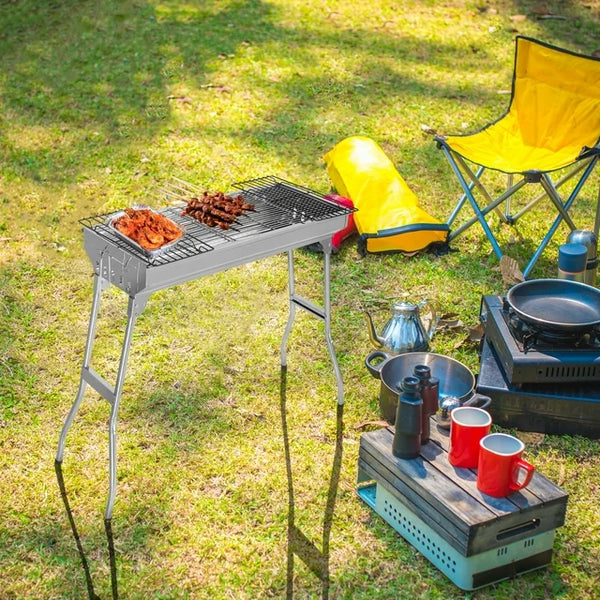 Portable Charcoal Grill, Stainless Steel Foldable Cooking Kabob Barbecue Grill with Tongs and Grilling Boards, Outdoor BBQ Grill for Camping Hiking Picnics Garden Beach Party(27.95x12.99x27.56inch)