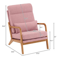 Accent Chair with Cushion, Mid-Century Modern Reading Armchair with Wood Armrest, Upholstered Linen Lounge Chair Solid Wood Side Chair for Living Room Bedroom Apartment, Pink