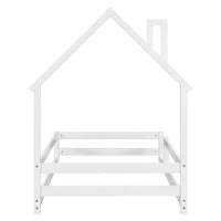 Twin Floor Bed for Kids Toddlers, Wooden Montessori Bed Frame with House-shaped Headboard and Fence Guardrails, Playhouse Bed Tent Bed for Boys Girls Bedroom, Easy Assembly, White