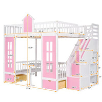 Full Over Full Bunk Bed with Changeable Table & Storage Stairs and 2 Drawers, Separable Bunk Bed Turn into Upper Bed and Down Desk, House Bed for Boys and girls (Pink)