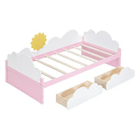 Girls Twin Size Bed with Clouds and Sunflower Decor, Solid Wood Platform Bed Frame with 2 Drawers, Twin Bed Frame with Sturdy Slats Support for Kids Bedroom, No Box Spring Needed, Space-Saving Design