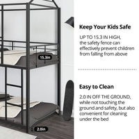 Twin over Twin Metal House Bunk Bed with 2 Ladders for Kids Teens, Floor Bunk Bed with Roof and Window Can Be Decorated, Black