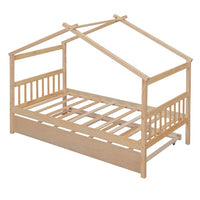 Twin Size House Bed Frame, Wood Platform Bed with Twin Size Trundle, Decorative Canopy Bed Top, Sturdy Frame Wood Legs Supprot, No Box Spring Needed, Natural